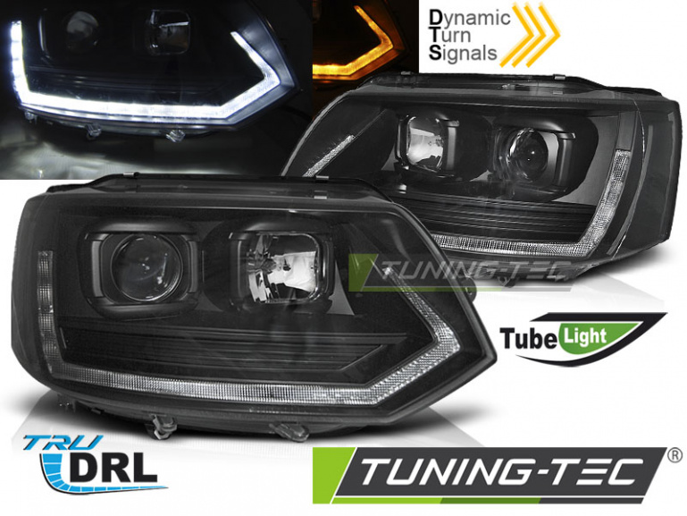 LED Tagfahrlicht Scheinwerfer für VW T5 GP (Facelift) 10-15 schwarz im T6 Design mit dynamischem LED Blinker